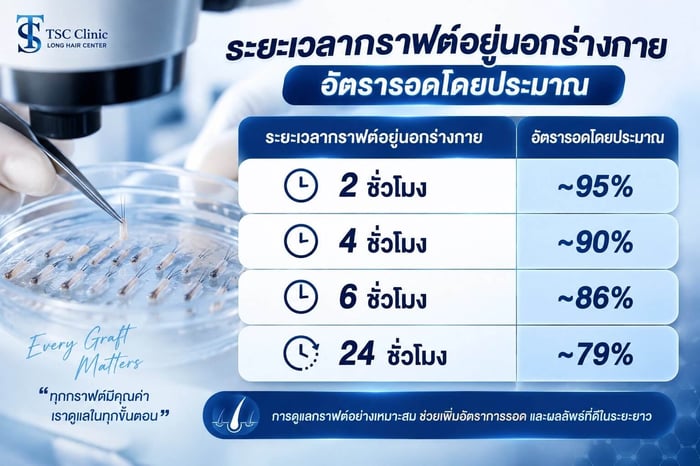 ตารางความสัมพันธ์ระหว่างระยะเวลากราฟต์อยู่นอกร่างกายกับอัตราการรอดของกราฟต์ Poor Growth