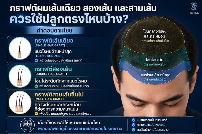 ตำแหน่งการใช้กราฟต์เส้นเดียว สองเส้น และสามเส้น ตามโซนศีรษะ