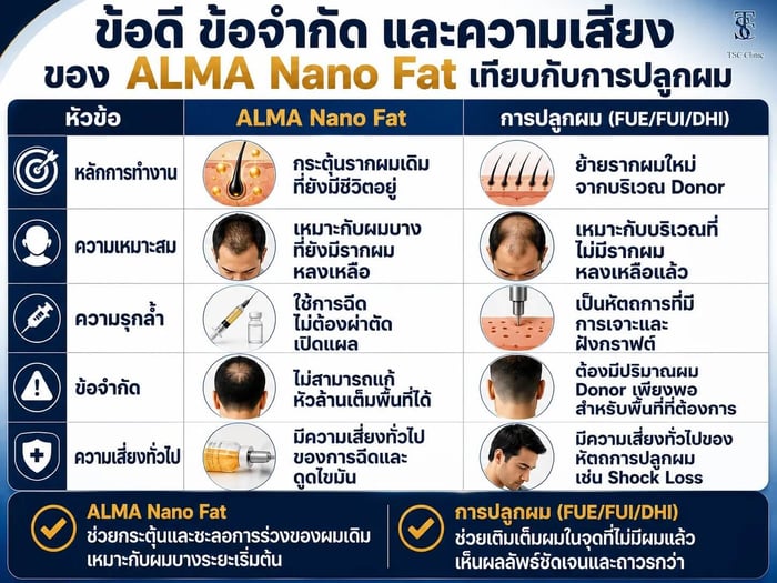 ข้อดี ข้อจำกัด และความเสี่ยงของ ALMA Nano Fat เทียบกับการปลูกผม