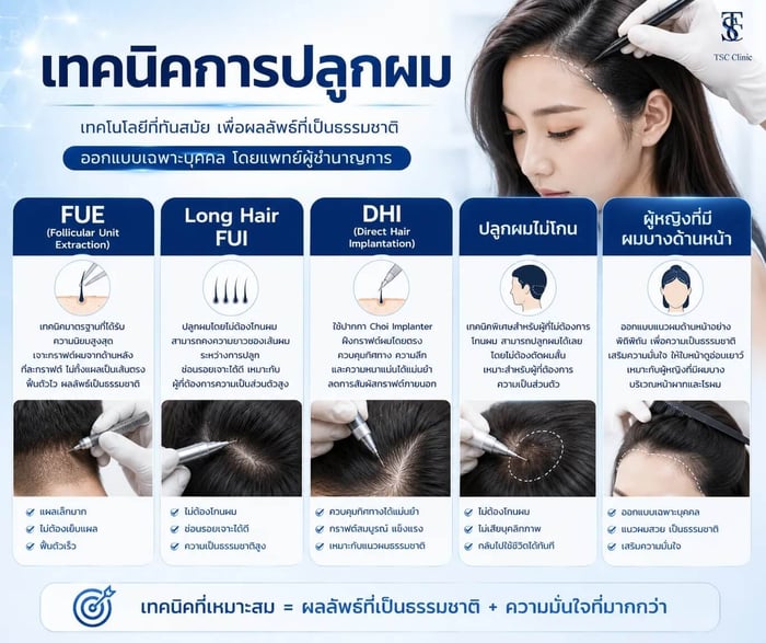 เทคนิคการปลูกผมบางที่มักถูกพิจารณาในการวางแผนแต่ละจุด
