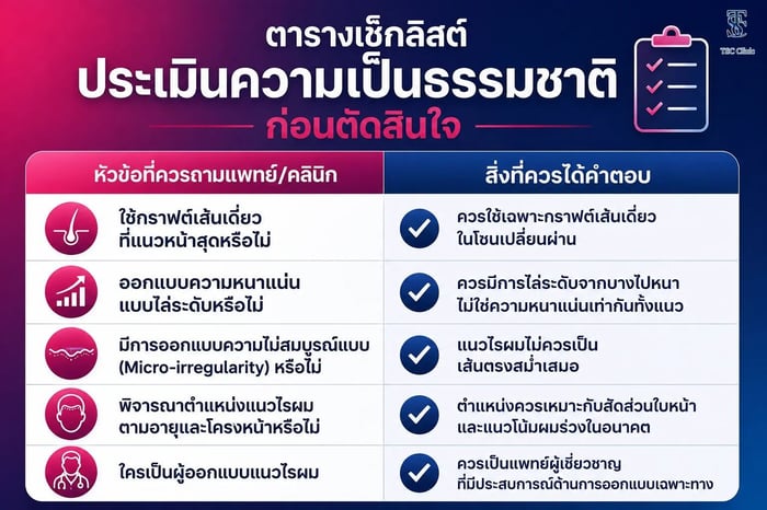 ตารางเช็กลิสต์ประเมินความเป็นธรรมชาติก่อนปลูกผมแนวหน้าผาก