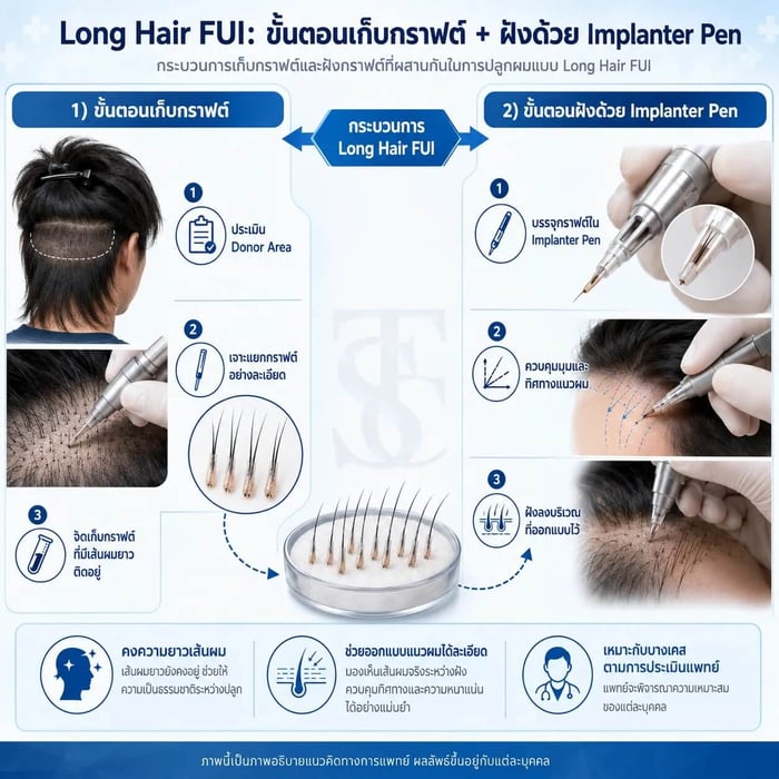 ขั้นตอนเก็บกราฟต์และฝังกราฟต์ด้วยเครื่องมือ DHI Implanter ในเทคนิค Long Hair FUI