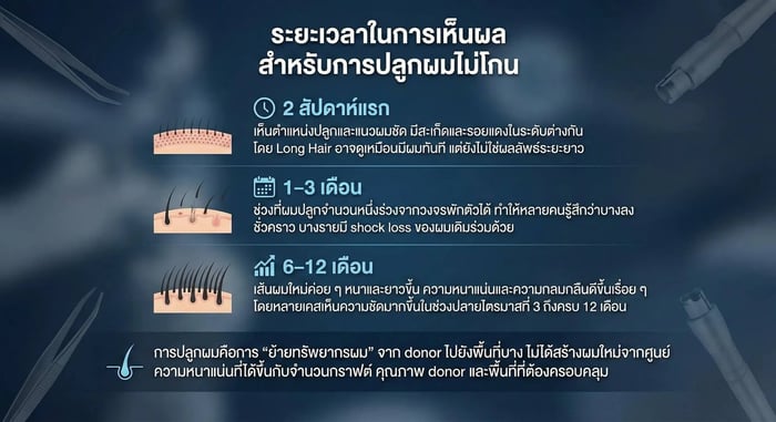 ไทม์ไลน์ผลลัพธ์ปลูกผมไม่โกน 2 สัปดาห์ถึง 12 เดือน