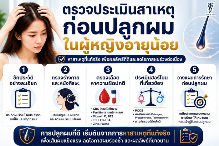 ตรวจประเมินสาเหตุก่อนปลูกผมในผู้หญิงอายุน้อย