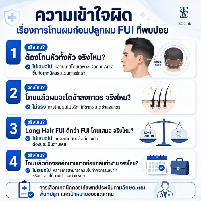 ความเข้าใจผิดเรื่องการโกนผมก่อนปลูกผม FUI ที่พบบ่อย
