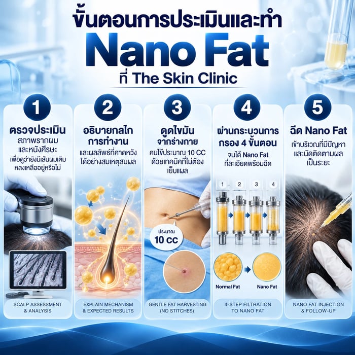 ขั้นตอนการประเมินและทำ Nano Fat กลไกการทำงานเพื่อรักษาผมร่วงที่ The Skin Clinic