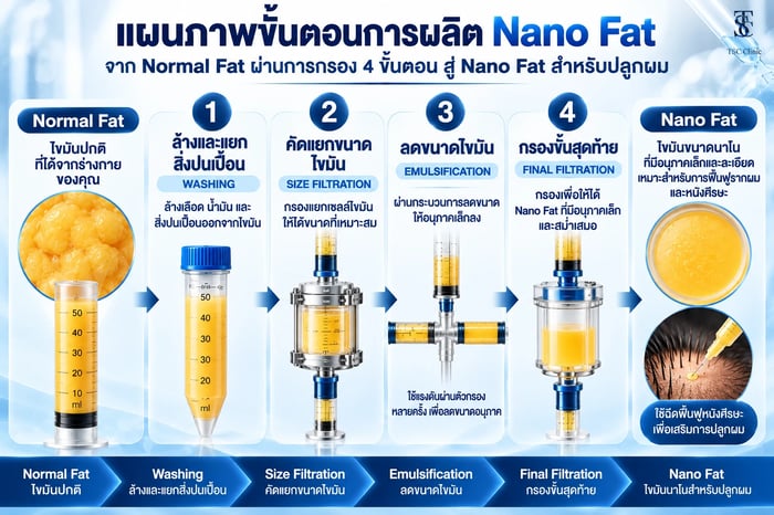 แผนภาพขั้นตอนการผลิต Nano Fat จาก Normal Fat ผ่านการกรอง 4 ขั้นตอน สู่ Micro Fat และ Nano Fat
