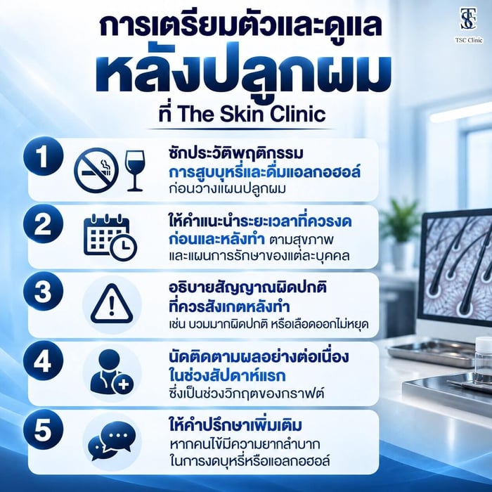 การเตรียมตัวและดูแลหลังปลูกผมเรื่องบุหรี่และแอลกอฮอล์ที่ The Skin Clinic