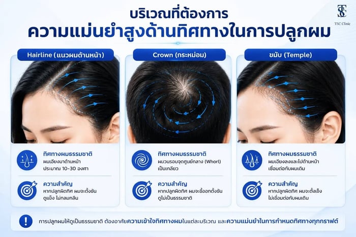 การออกแบบทิศทางเส้นผมในแต่ละบริเวณ Hairline Crown และขมับ