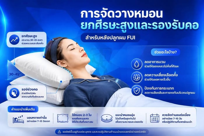 ภาพประกอบการจัดวางหมอนแบบยกศีรษะสูงและรองรับคอ