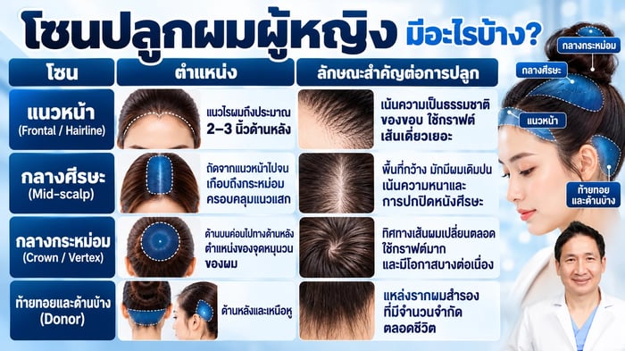 แผนภาพแบ่งโซนศีรษะ แนวหน้า กลางศีรษะ กลางกระหม่อม และบริเวณรากผมสำรอง