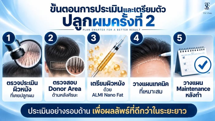 แพทย์ประเมินพังผืดหลังปลูกผมและวางแผนปลูกผมครั้งที่ 2 เฉพาะบุคคลที่ The Skin Clinic