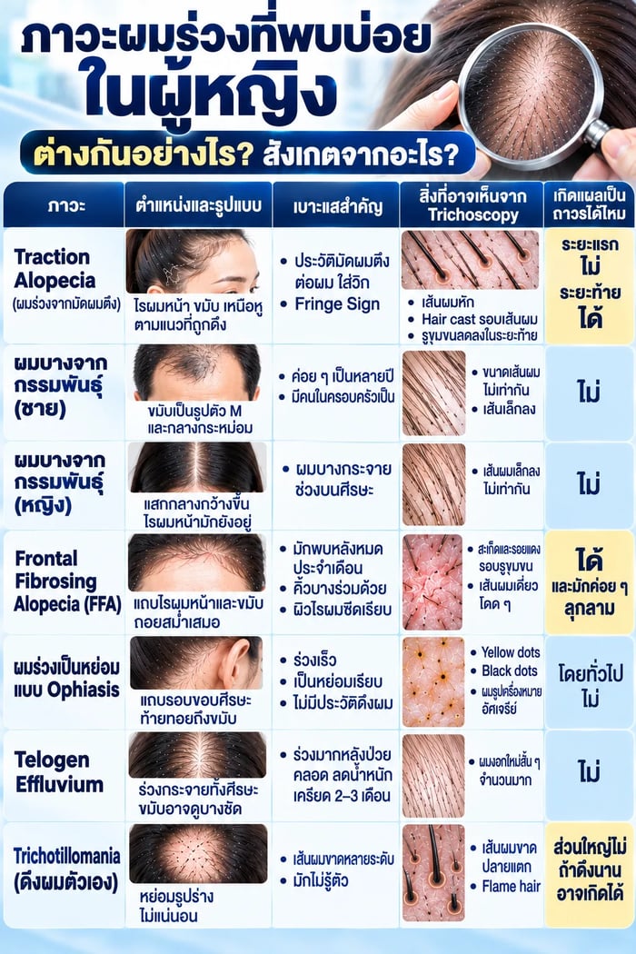 ตารางภาพเปรียบเทียบตำแหน่งผมร่วงของ Traction Alopecia ผมบางจากกรรมพันธุ์ FFA และผมร่วงเป็นหย่อม