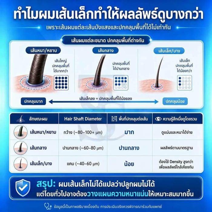 เปรียบเทียบผลลัพธ์ปลูกผมระหว่างผมเส้นเล็กและเส้นใหญ่ในจำนวนกราฟต์เท่ากัน