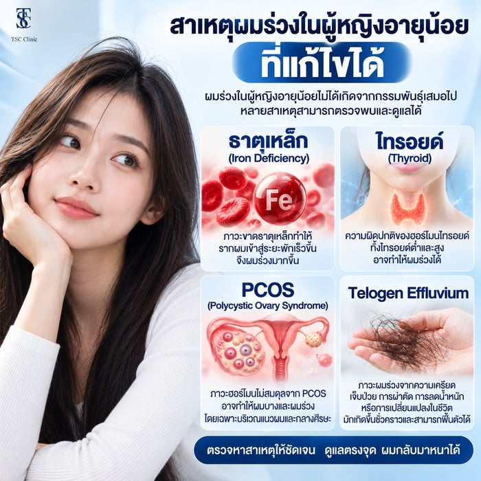 สาเหตุผมร่วงในผู้หญิงอายุน้อยที่แก้ไขได้ ธาตุเหล็ก ไทรอยด์ PCOS Telogen Effluvium