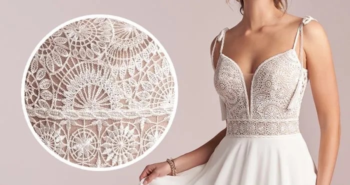 Eyelet lace features little circles or holes and adds a boho touch to any wedding dress. If it is done right, Eyelet Lace can channel a vintage aesthetic that’s cool and unexpectedly modern.
