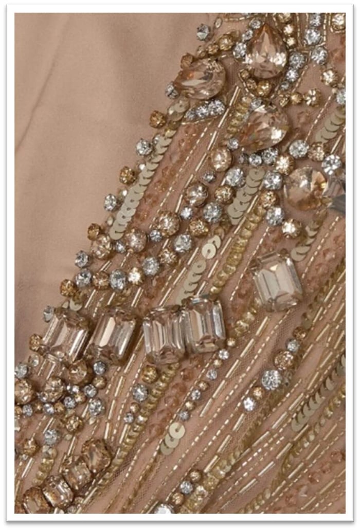 Art Deco Glam: Geometric lines with metallic sequins for bold sophistication, channeling the glamour of the 1920s with symmetry, gold tones, and evening sparkle