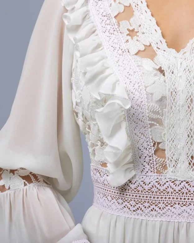 Lace trim panels refer to strips or sections of lace trimmings applied to specific areas of a garment. These could be along the neckline, hem, or sleeves, serving as decorative elements that enhance the overall design