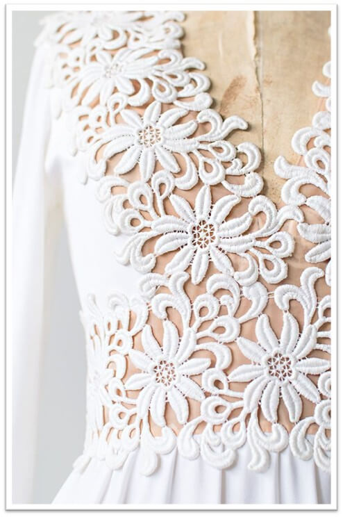 Perfect for Minimalist Design (Seen in: Jil Sander, Loro Piana): Use Guipure as a panel, collar detail, or entire garment fabric for clean lines