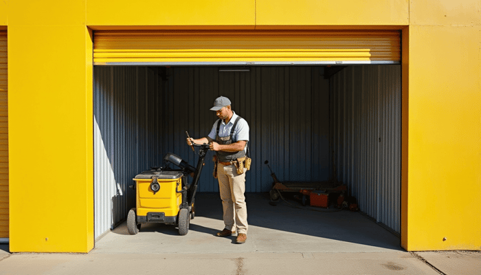 Contractor storing equipment in 10x20 storage unit