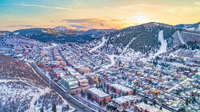 Aerial view of Park City, UT, during winter