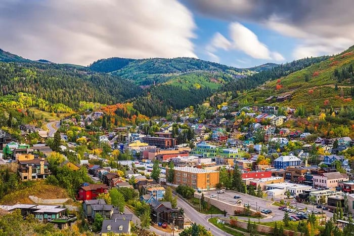 Aerial view of Park City, UT, in Spring
