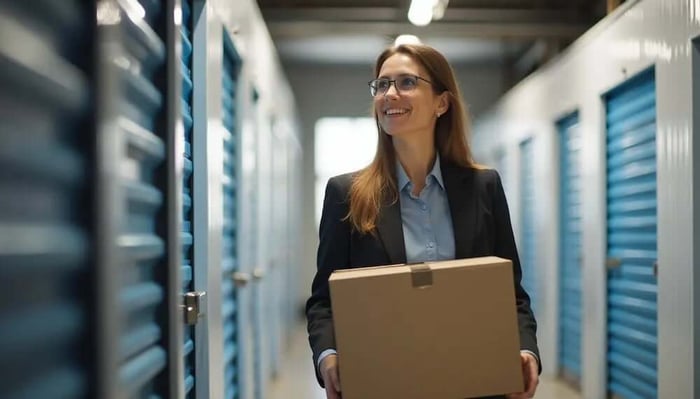 Businesswoman carrying a box in climate controlled storage facility