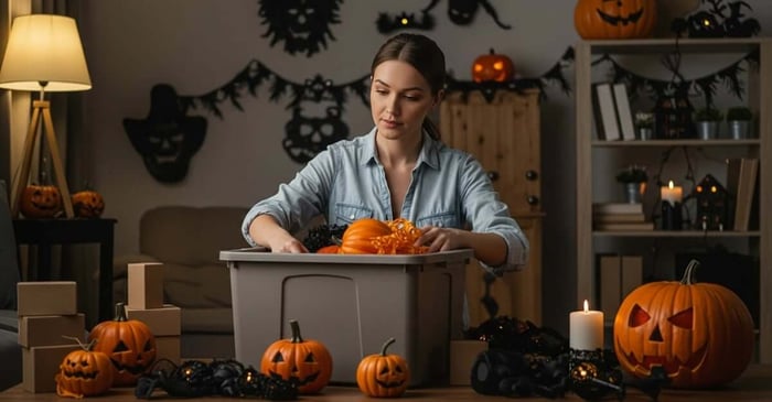Woman packing away Halloween and fall decorations using seasonal storage tips from Storage Star