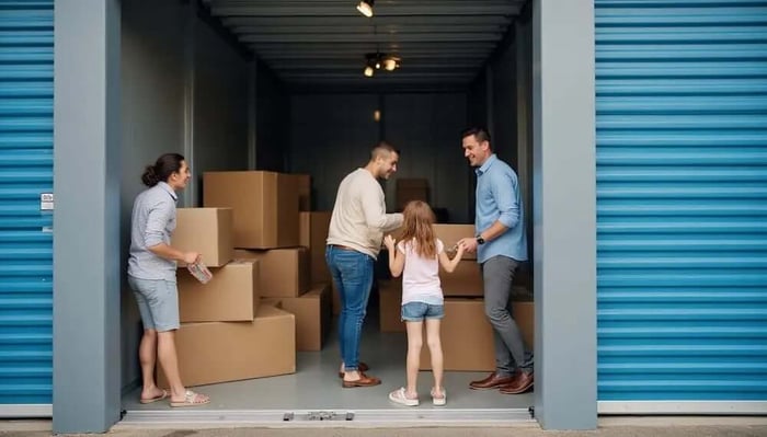 Family loading boxes into a 10x10 storage unit