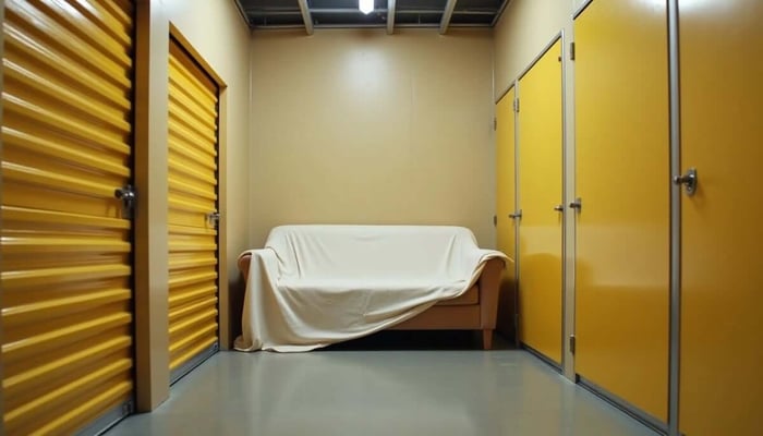 Couch in a Climate-Controlled Storage Facility with Yellow Doors