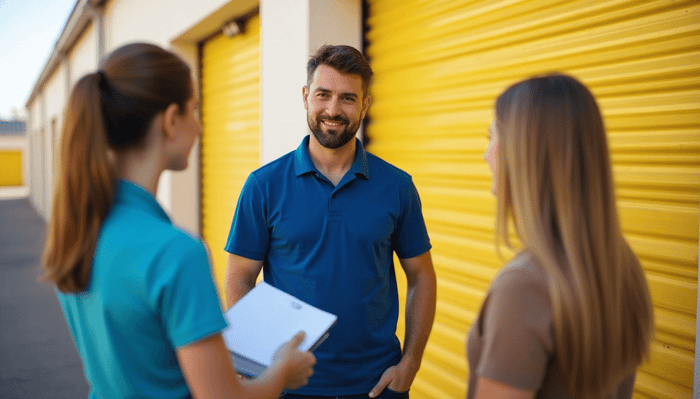 Man in a blue polo at a self storage facility is inquiring with two women about questions to ask before renting a self storage unit.