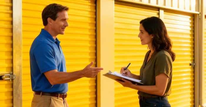 Man explaining storage unit insurance to a Storage Star tenant