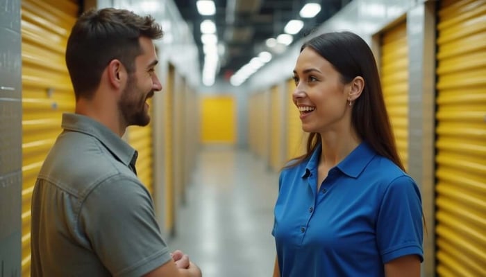 Storage Employee explaining how to pack furniture for climate-controlled storage