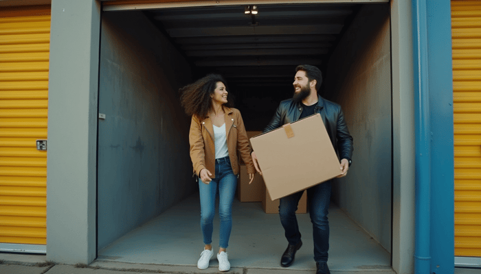 Couple loading boxes in drive-up storage unit