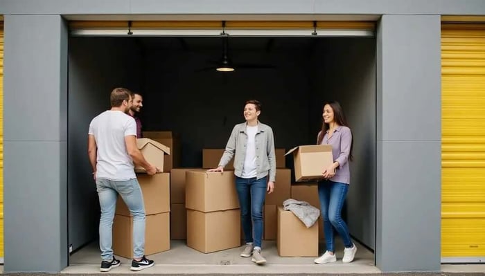 Friends loading boxes into a 10x10 storage unit