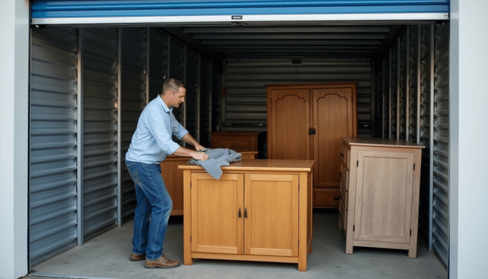 man covering wood furniture in non climate controlled storage