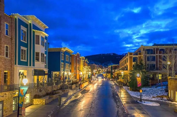 Park City, UT, village and shops at night