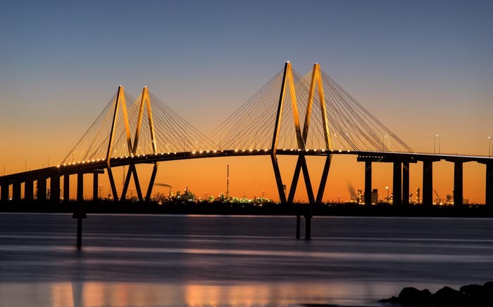 The Fred Hartman Bridge in Baytown, TX, at sunset