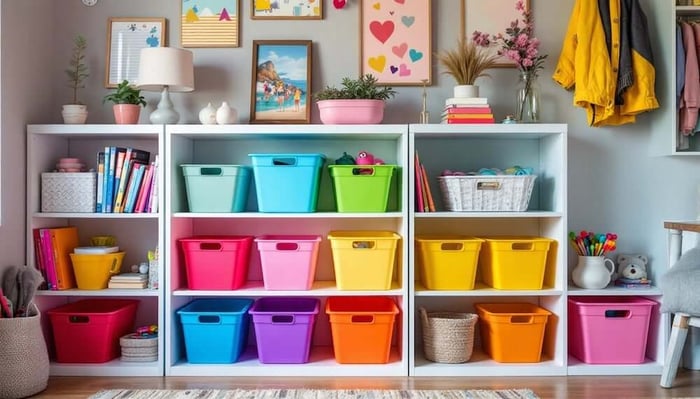 shelving-and-colorful-storage-bins-in-bedroom