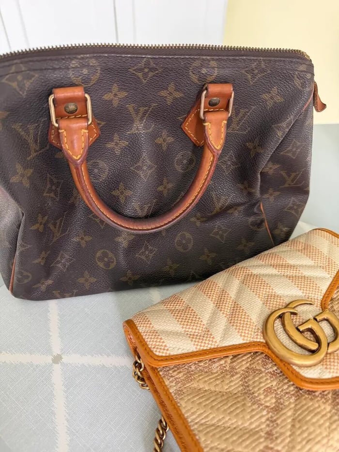 Vintage Louis Vuitton Speedy Bag next to Gucci Summer Crossbody