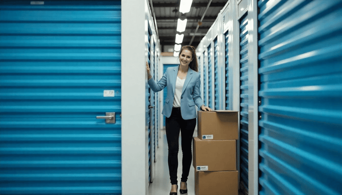 Woman with boxes using climate controlled business storage