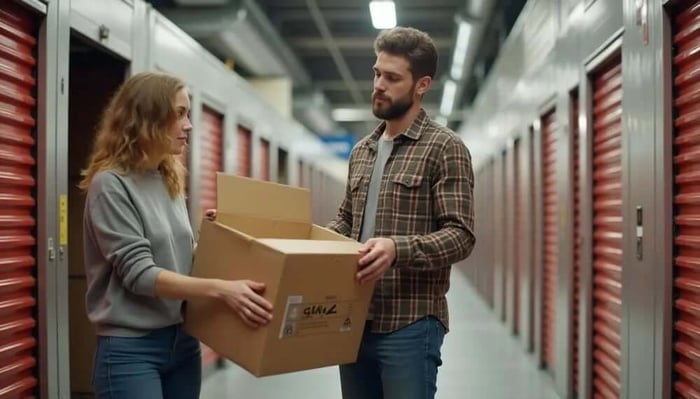 Couple Holding Box Inside Climate Controlled Storage Facility
