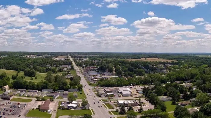 Aireal view of Pataskala, OH where Mini Mall Storage has a facility