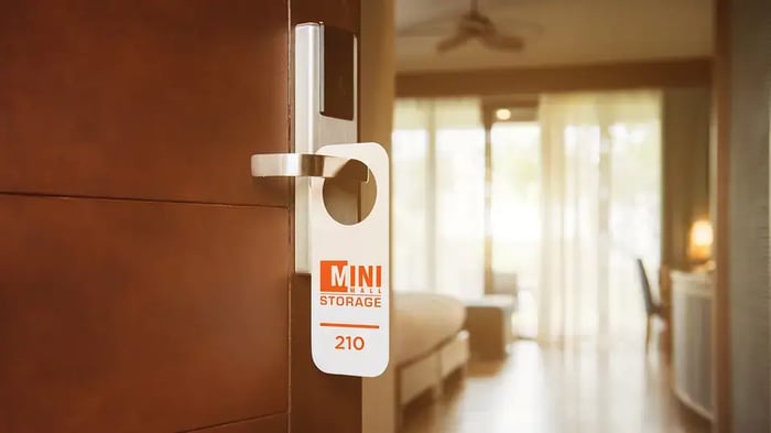 a hotel room with a Mini Mall Storage door tag