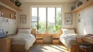 a dorm room with two beds