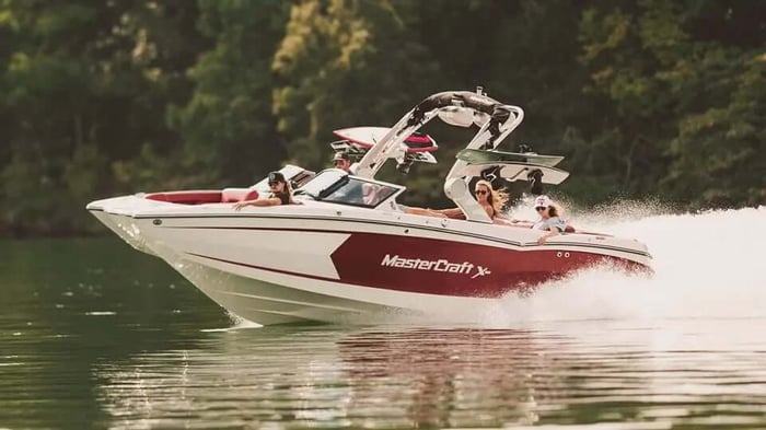 a group of 3 in a boat on a lake