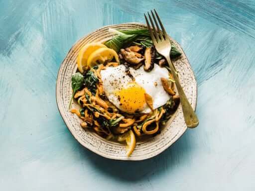 Breakfast plate with eggs on a blue surface
