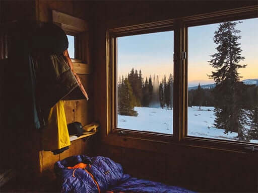 A view from inside a cottage with pine trees and snow outside