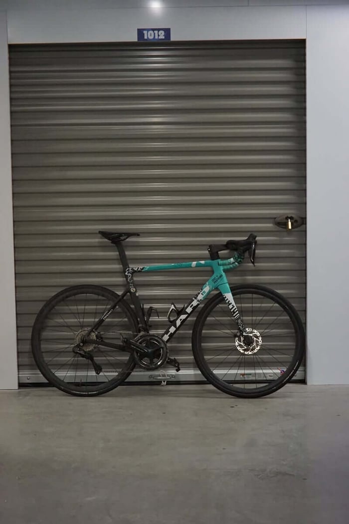 A bike in front of storage units in Montreal for winter