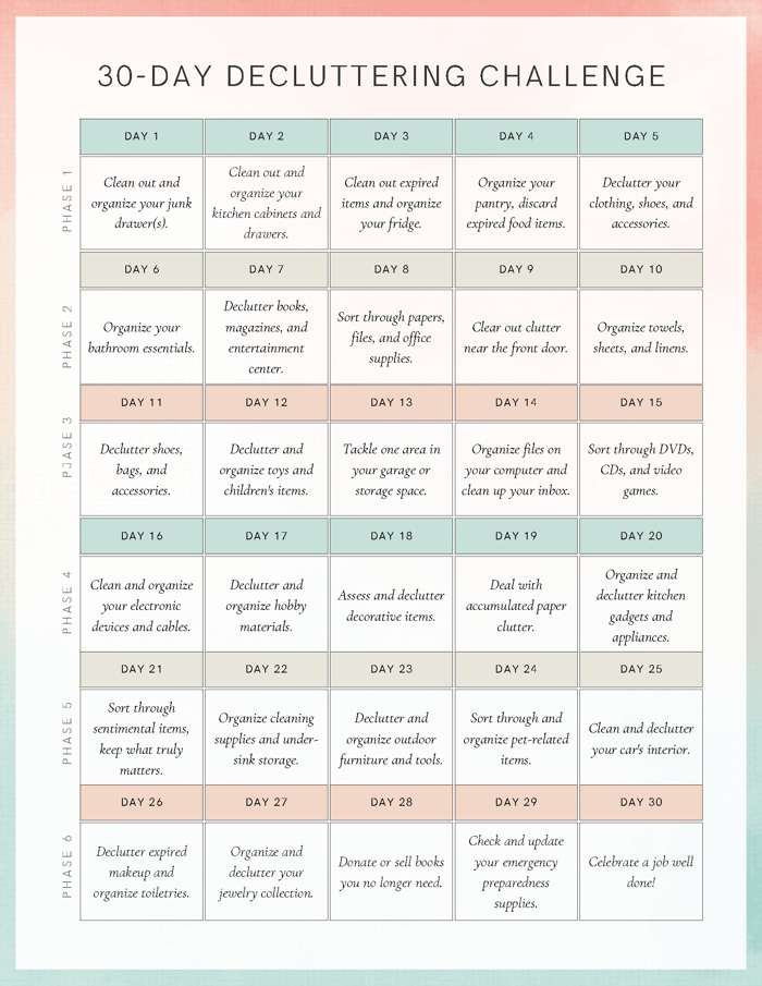 Printable 30-day decluttering challenge with one organizing task for each day